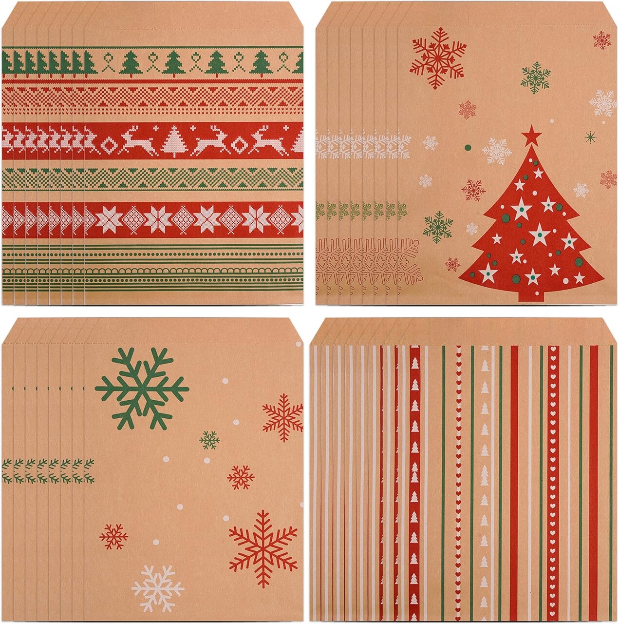 100 Pieces Christmas Kraft Treat Bags Christmas Goody Bags Kraft Holiday Paper Gift Bags Buffet Paper Bags for Christmas Party Favor,4 Styles
